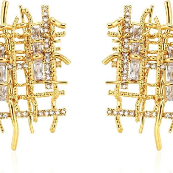 Gold Braided Stud Earrings 18K Gold Plated Hypoallergenic Cubic Zirconia Gifts